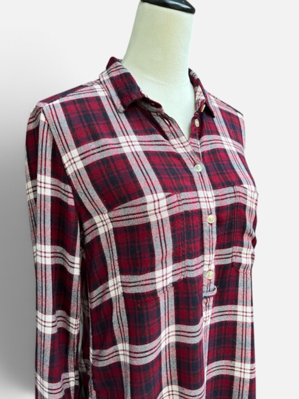American Eagle Plaid Boyfriend Fit Viscose Popover Shirt Red White Sz Small